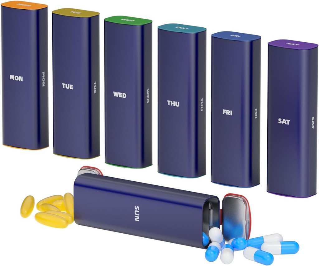 Týdenní Pill Organizátor 2 krát denně, KANGYAN Hliníkové Alloy Travel Pill Box 7 Day, Am Pm Dvakrát denně Pouzdro, Držák na pilulky Kontejner na vitamín, Medicína, Dodatek, Rybí olej