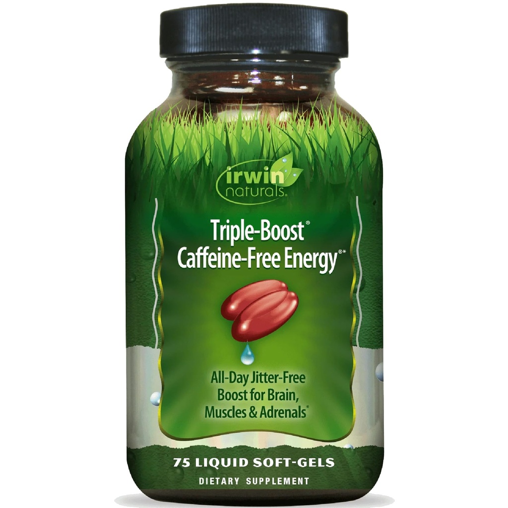 Irwin Naturals Triple- Boost Caffeine- Free Energy - Trvalé, Jitter- Free Focus - Brain Boosting Nootroppic - 75 Tekuté Softgely