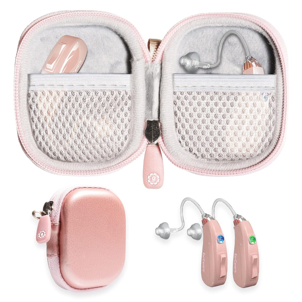 GETGEAR navržený ochranný pouzdro pro naslouchací pomůcky, zesilovač sluchu, Osobní zesilovač zvuku, Sluchátko zařízení, Poslouchací zařízení, Silné Mini pouzdro s Mesh kapsou Rose Gold