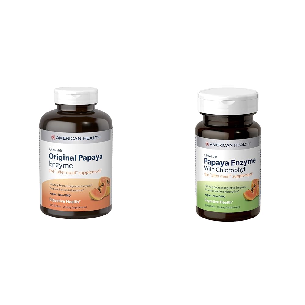American Health Papaya Stravovací enzym Žvýkací Tablety Bundle - Původní 600 Počet a s Chlorofyl 100 Počet