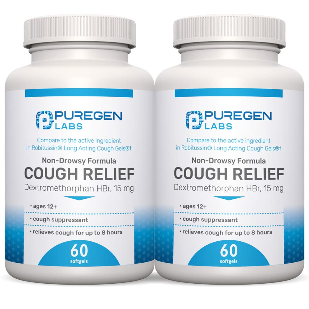 P Puregen Labs Cough Relief pro dospělé Dextromethorphan HBr 15mg (120 Softgels) 8- Hodina, Non- Drowsy, Long- Lasting Bronchial Suppressant I124; Věk 12 + 124; Porovnat s Robafen a Robitussin 2Pack