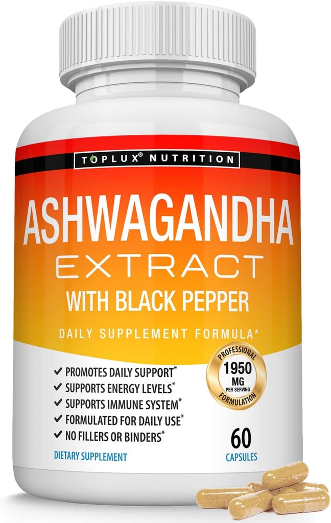 Organické Ashwagandha Root Powder Pills 1950 Mg s Black Pepper Extract - čistý přírodní Ashwagandha dodatek, podpůrná energie, pro muže ženy, 60 Kapsle