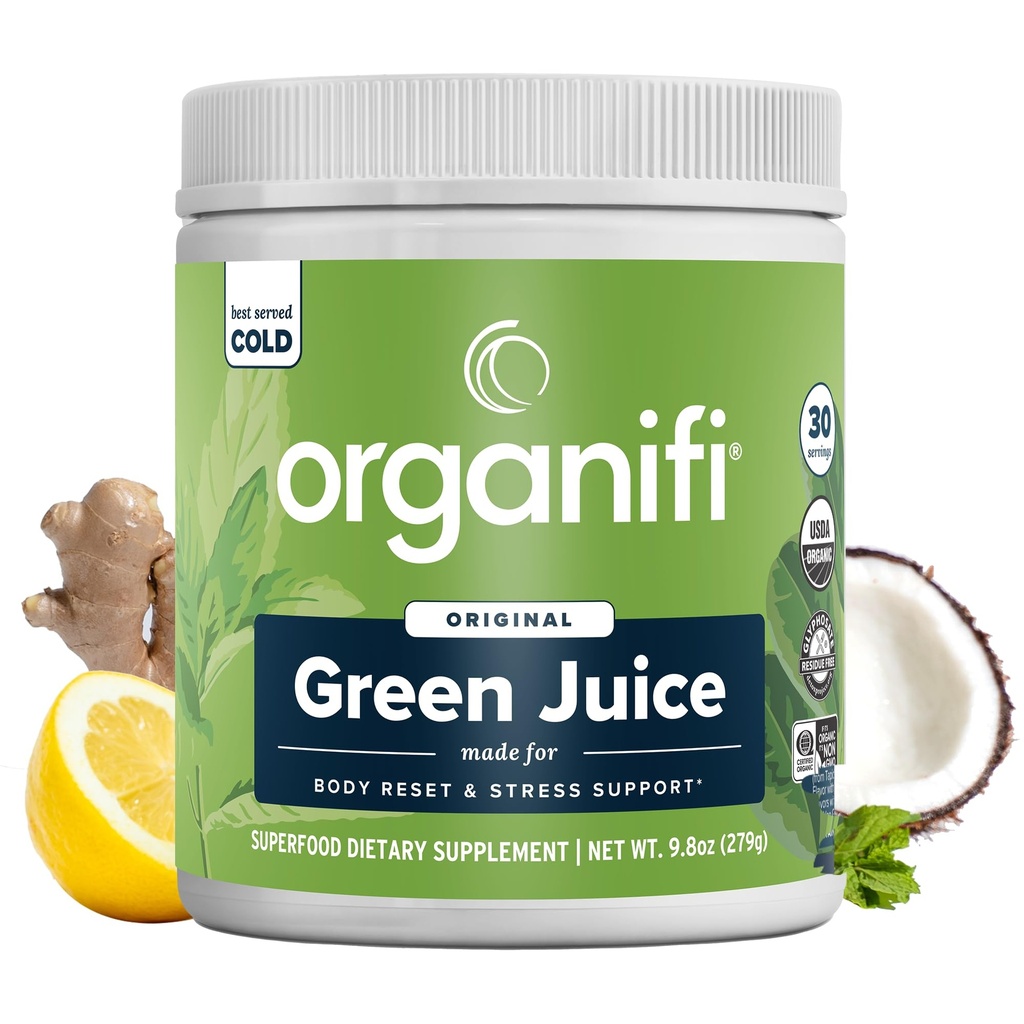 Organifi Green Juice - Powder Supplement with Organic Spirulina, Ashwagandha, and Chlorella - Pomáhá dosáhnout Fitness cíle a snížit hladinu kortizolu, 30denní dodávky