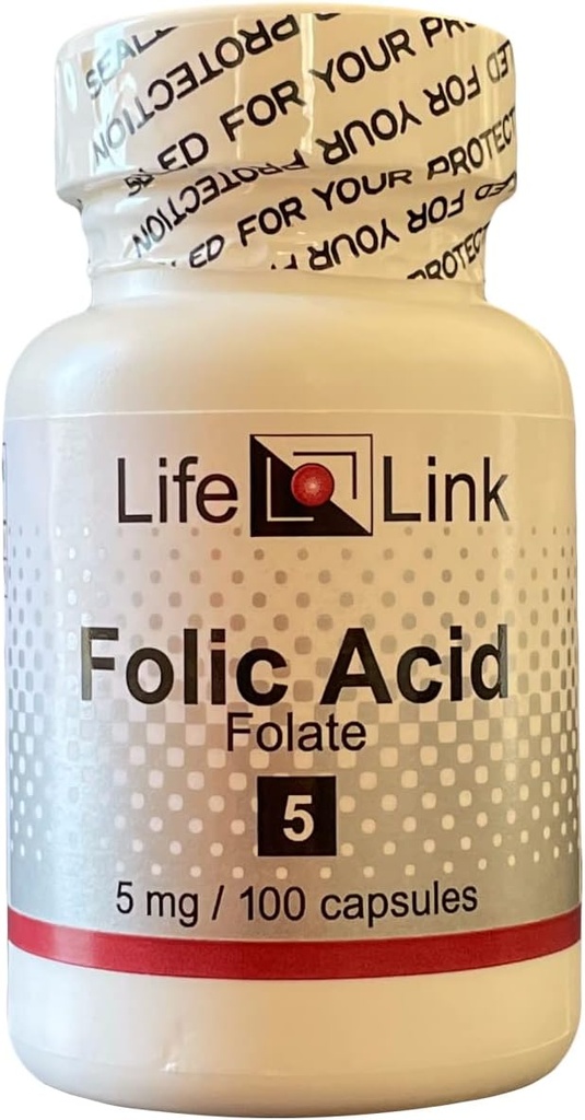 LifeLink kyselina listová 124; 5 mg x 100 Kapsle 124; Prenatální zdraví, esenciální B vitamin 124; gluten zdarma & Non- GMO 124; Vyrobeno v USA