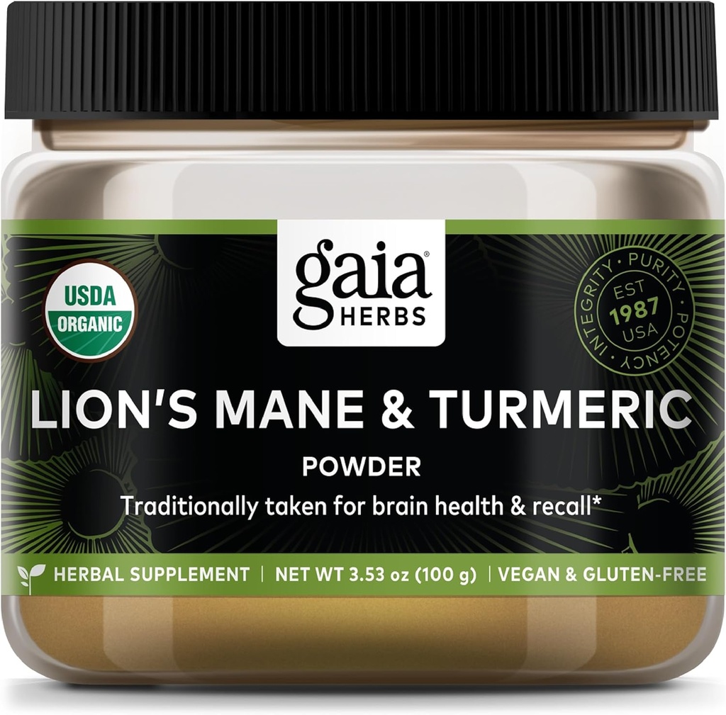 Gaia Herbs Lion 's Mane & Turmeric Powder - Bylinný Houbový dodatek Powder na pomoc zachování zdraví a zotavení mozku - USDA Certified Organic- 3.53 Oz (Až 45denní dodávka)