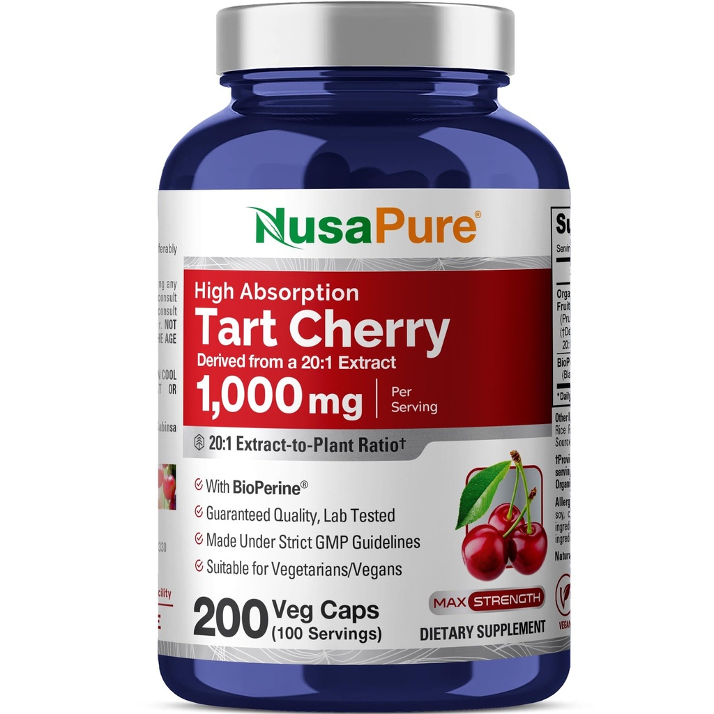 NusaPure Organic Tart Cherry 20: 1 Extract, 1000 mg Ekvivalentní s 20 000 mg Veggie Caps (Vegan, Non- GMO) Bioperin