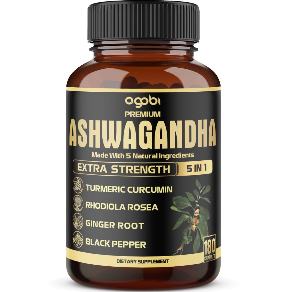5in1 Premium Ashwagandha Kapsle - Přidáno Turmeric, Rhodiola Rosea, Ginger, Black Pepper - 180 Caps pro 6 měsíců