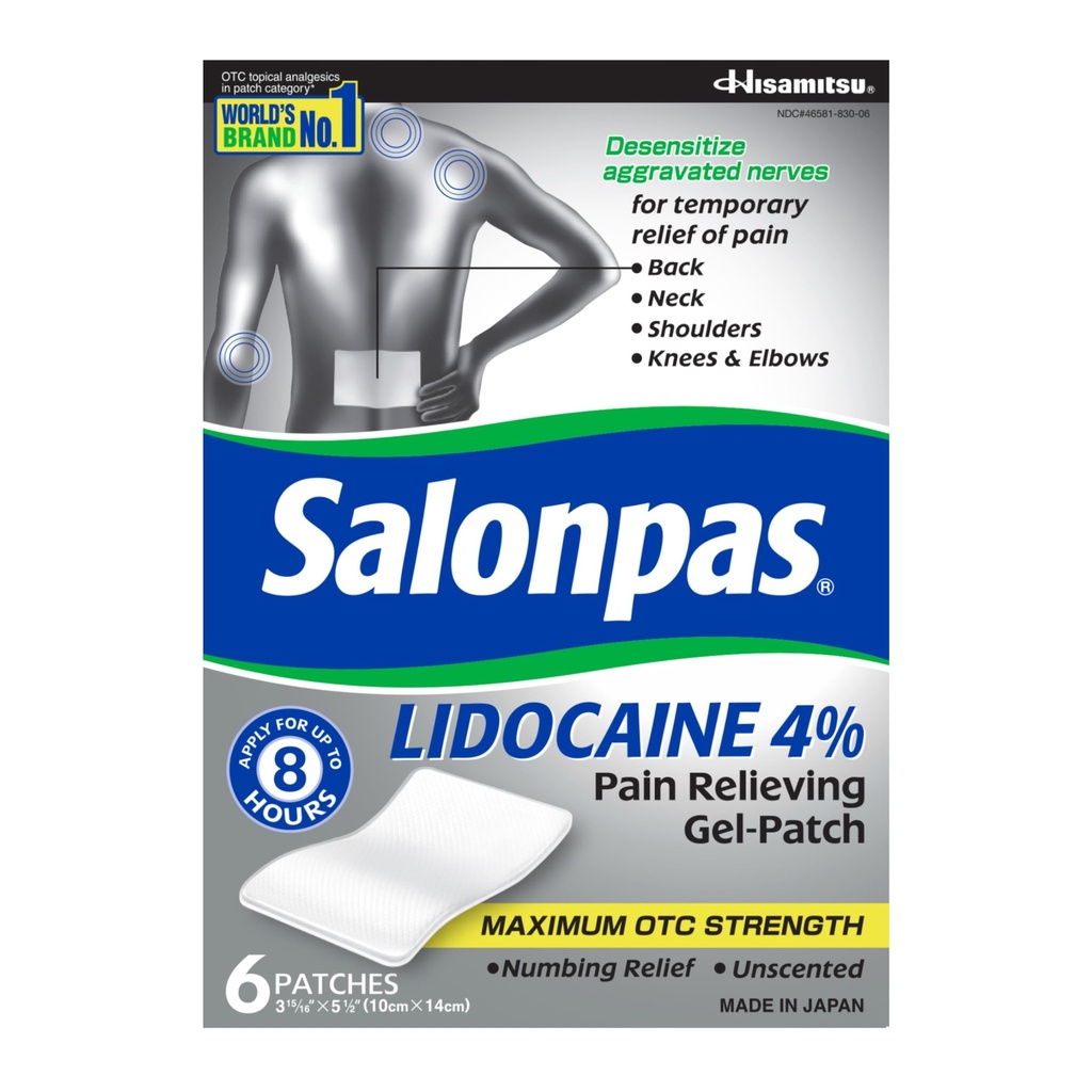 Salonpas Lidokain 4% bolest ulevení Gel- Patch, 6 Počet, pro záda, krk, rameno, kolena a loket bolest