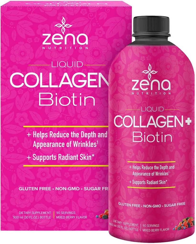 Zena Liquid Collagen + Biotin: 2500mg Collagen, 5000mcg Biotin, Verisol Formule CLAS124; Vlasy, kůže, hřebíky a společné podpory CLAS124; Non- GMO, smíšený Berry Flavor CLAS124; 90 Služeb