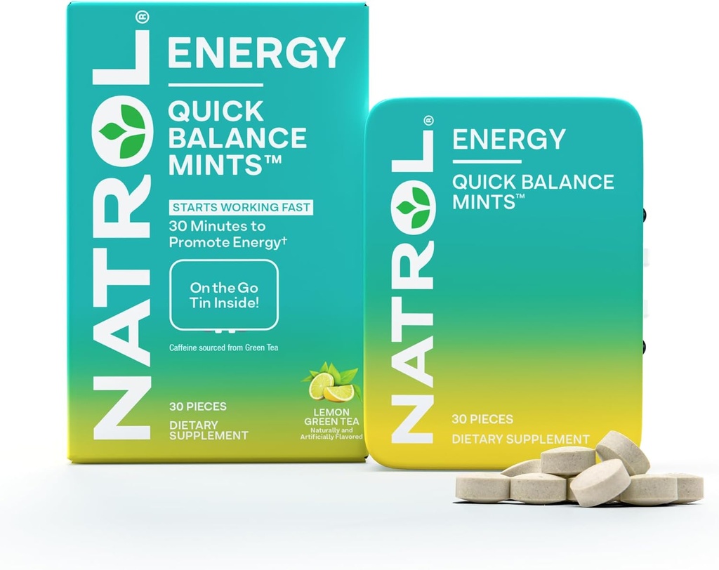 Natrol Quick Balance Energy Mints, Energetický dodatek, 30 Lemon Green Tea Přirozeně a uměle ochucené, 30 Počet, 15 Day Supply