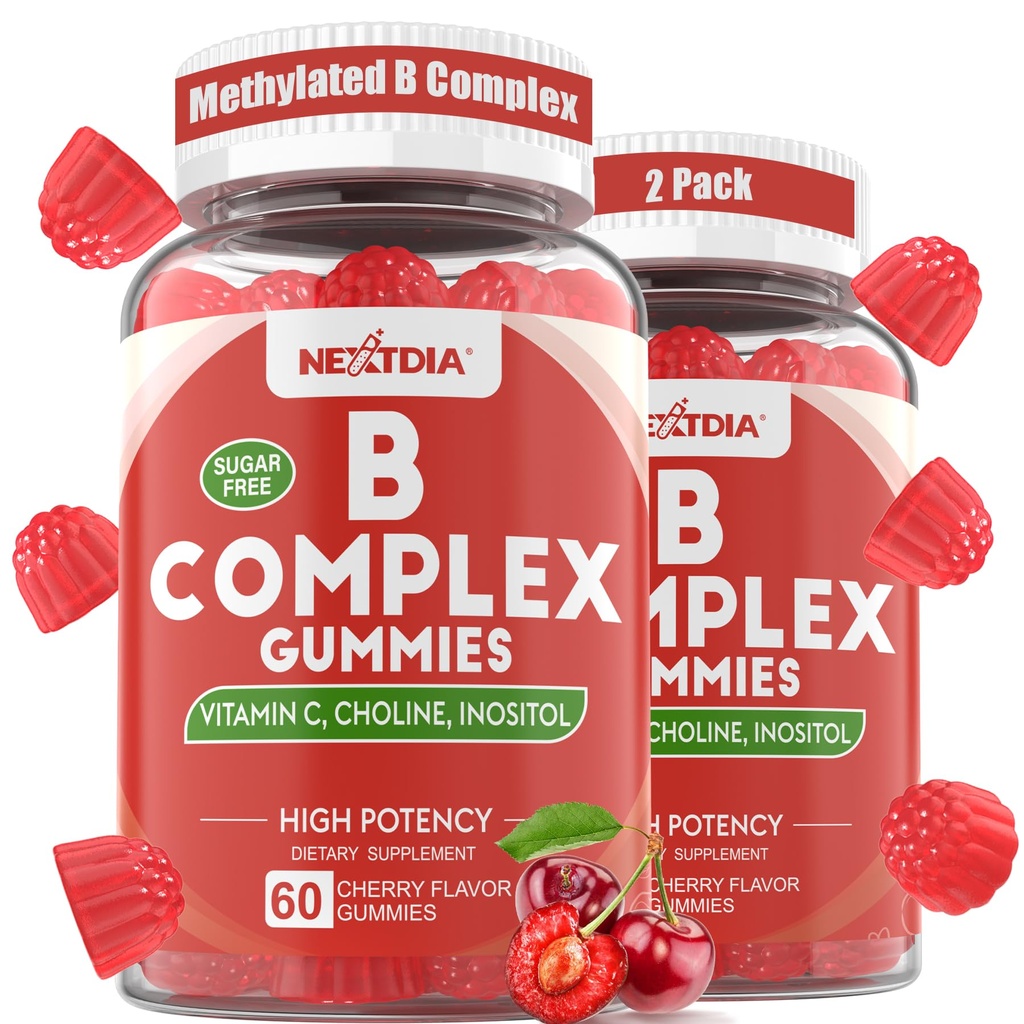 Vitamin B Complex Gummies, Vegan Vitamin B Gummies s 2000 mcg methyl B12, Methyl Folát 124; Plus Cholin + Inositol, Vitamin C + Zinek pro podporu energie, nálada, imunita, zdravé vlasy, kůže - 120 Cts