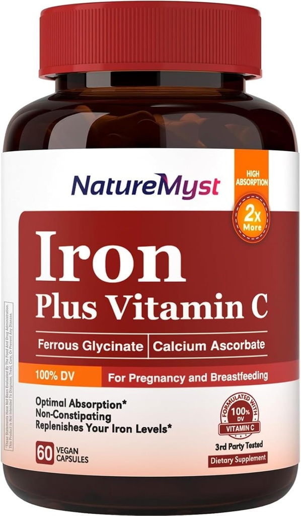 Jemný doplněk železa pro ženy muže, 27mg Iron Bisglycinate Plus 120mg Vitamin C, Žaludek Friendly, Optimální Absorpce & Non- Constipating železné pilulky, gluten zdarma, Non- GMO, 60 Vegan Caps