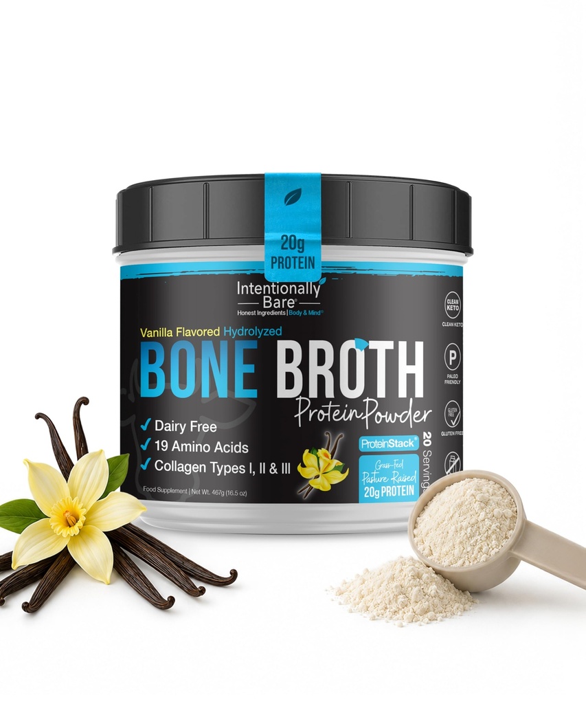 Úmyslně Bare Bone Broth Protein Powder Vanilla - Tráva Fed Protein Powder s multi kolagen Peptides Typ 1 2 a 3 - Mléčné volné kosti Broth Powder for Skin, Gut and Joint - 20 Služeb