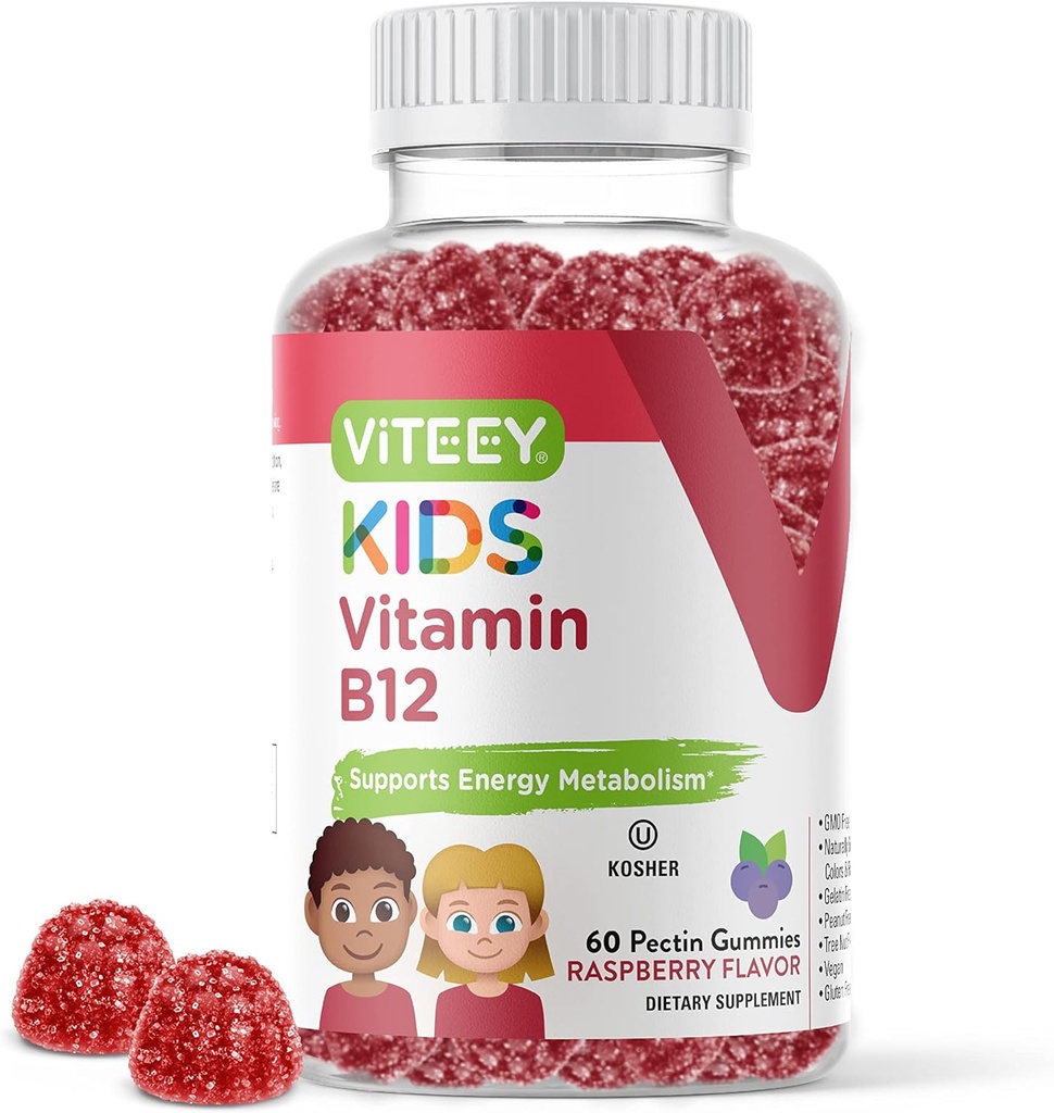 Viteey Vitamin B12 pro děti Gummies, 1000mcg - Metabolismus, Podpora přírodní energie - Vegan, želatina zdarma, gluten zdarma, GMO zdarma - Chutné žvýkací B12 Raspberry ochucené Gummy