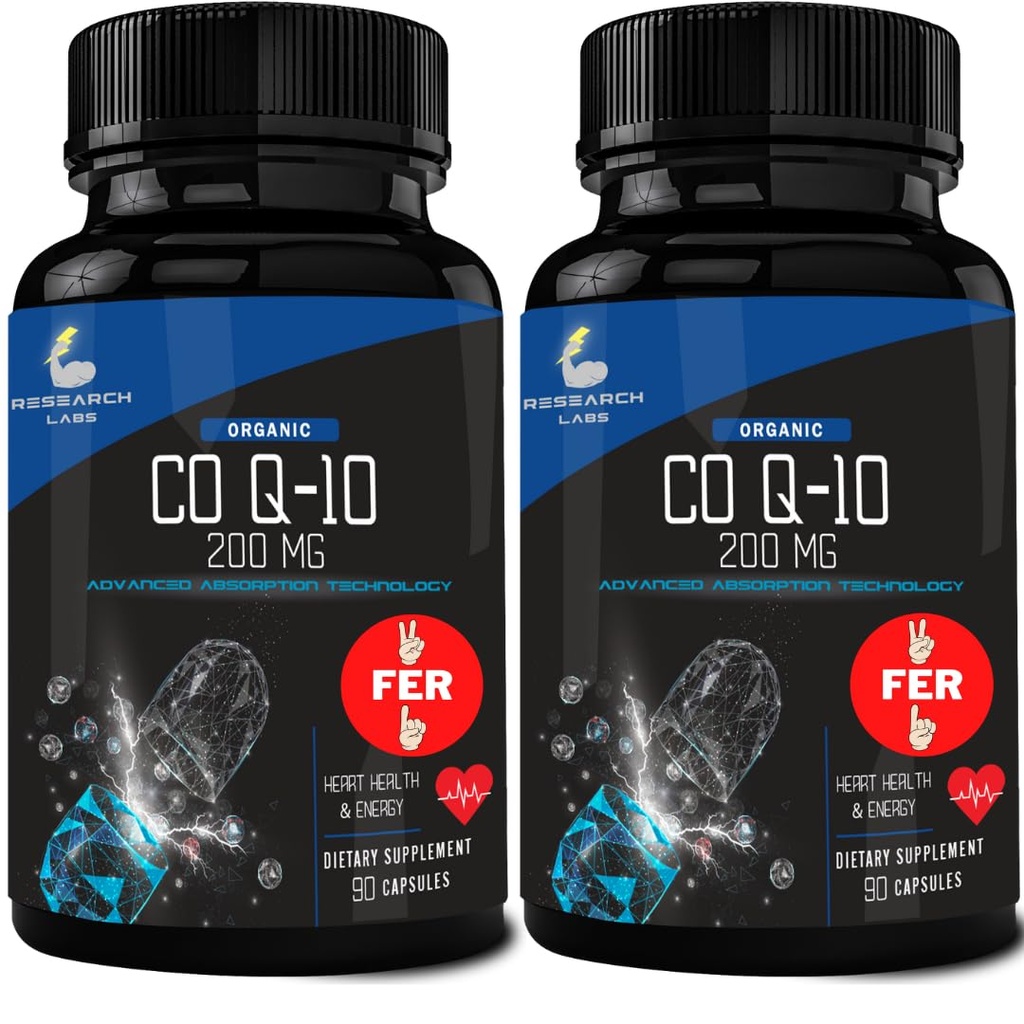 Research Labs 180 Softgels Advanced Absorpce 200mg CoQ10 w / Black Pepper Extract. 2 pro 1 Ad. Organic, Gluten Free, Heart Health Support, Energy Production, Antioxidant Supplement