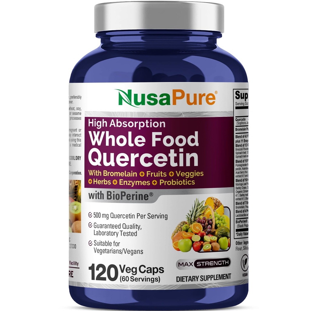 NusaPure Quercetin s Bromelain 500mg CP124; 120 Veggie Caps CP124; 43 Fruit Veggie Grain Herbs Enzyme Probiotic Blend CP124; Non- GMO, Vegan, Bioperin