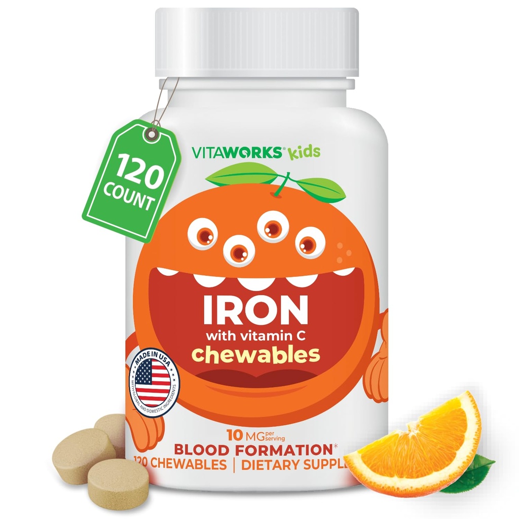 Kids Iron 10mg s vitamínem C 50mg Žvýkací tablety - Chutné přírodní ochucené - Vegan, Vegetarián, GMO-Free, Nut Free - Dietní doplněk železa - Krevní formace pro děti - 120 Žvýkačky