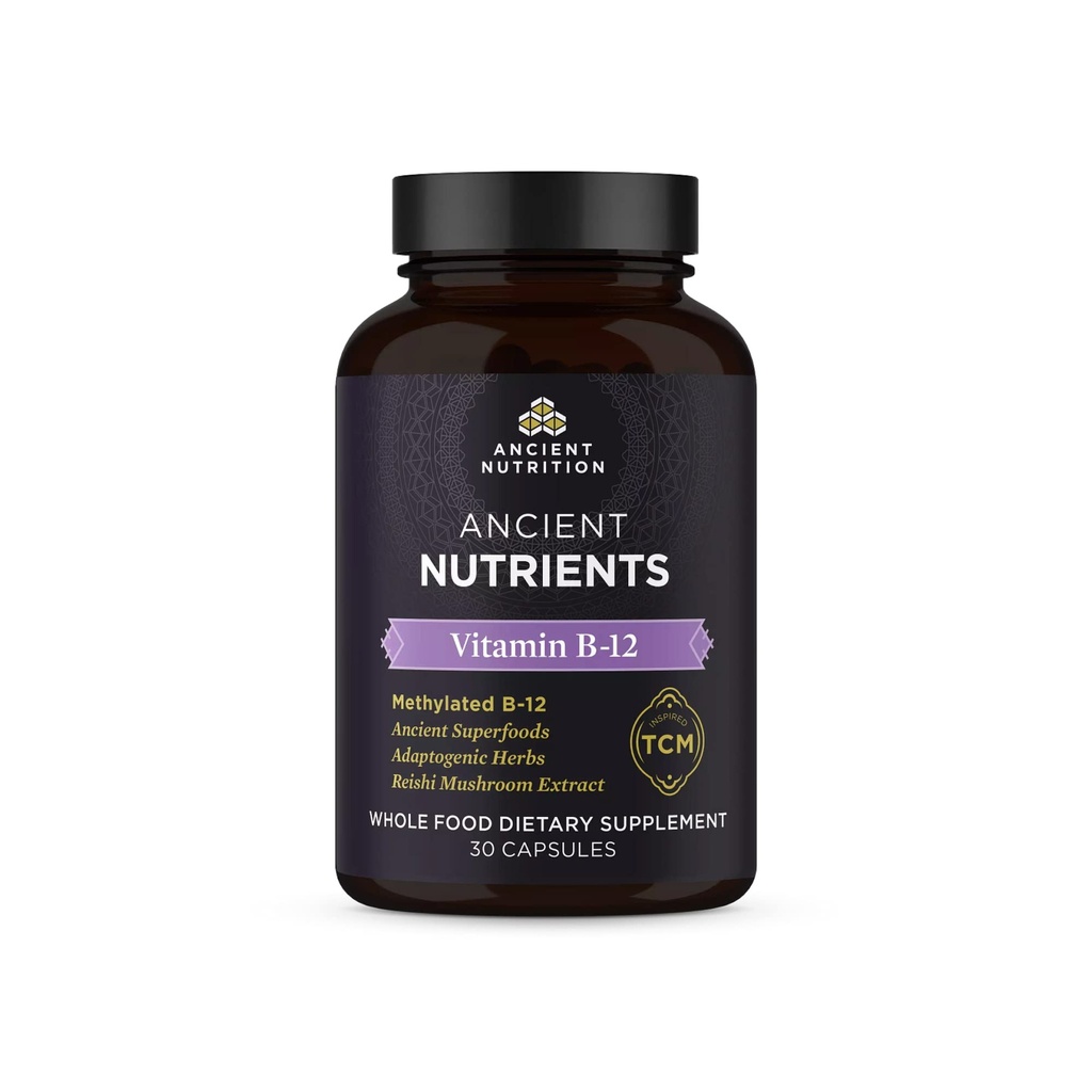 Ancient Nutrition vitamin B12 dodatek, Podporuje energetický metabolismus a nervový systém zdraví, Adaptogenní Byliny, enzym Activated, Paleo & Keto Friendly, 30 Kapsle