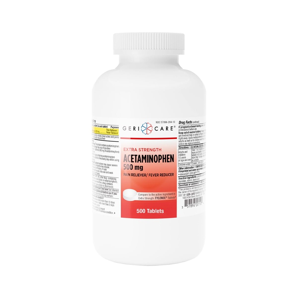GeriCare Extra Strength Acetaminofen Pain Relief Fever Reducer Tablety, Síla 500mg Tablety 124; Joint, Muscle, Artritis, Back Pain Relief, 500 Počet (Balení po 1)