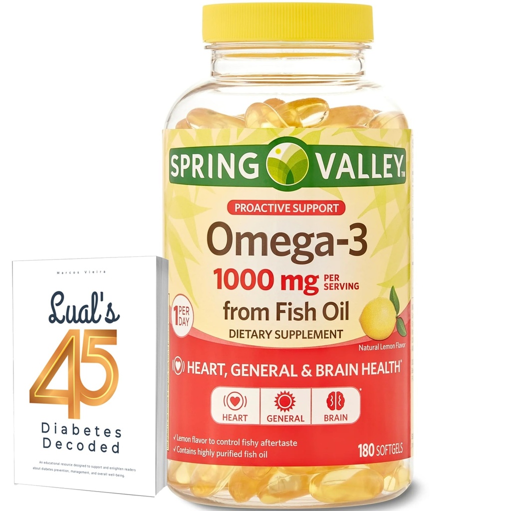 Jarní údolí Omega-3 Fish Oil Soft Gels, 1000 mg, 180 Počet, Dietní dodatek, Omega-3 mastné kyseliny Bundle s Lual 45 Diabetes Decoded