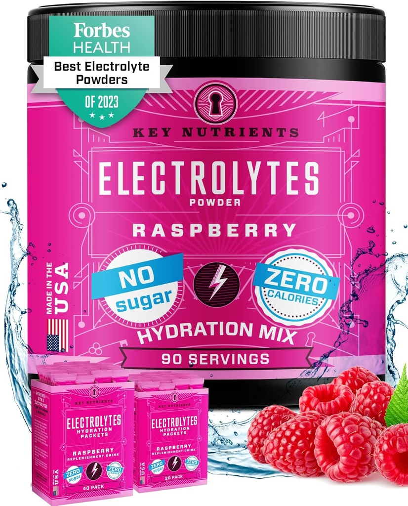 KEY NUTRIENTY Multivitamin Electrolytes Powder No Sugar - Juicy Raspberry Electrolyte Powder - Hydration Powder - No Calories, Gluten Free Keto Electrolytes Powder - 90 Servings - Made in USA
