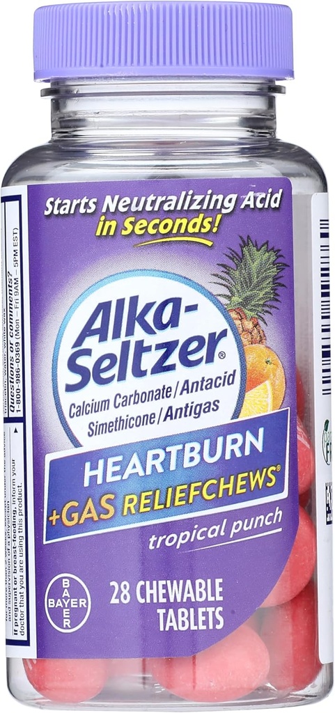 Alka- Seltzer Heartburn + Gas ReliefChews - Relief Heartburn, plyn, kyselé požití, a Sour Stomach - Tropical Punch Flavors - 28 Počet
