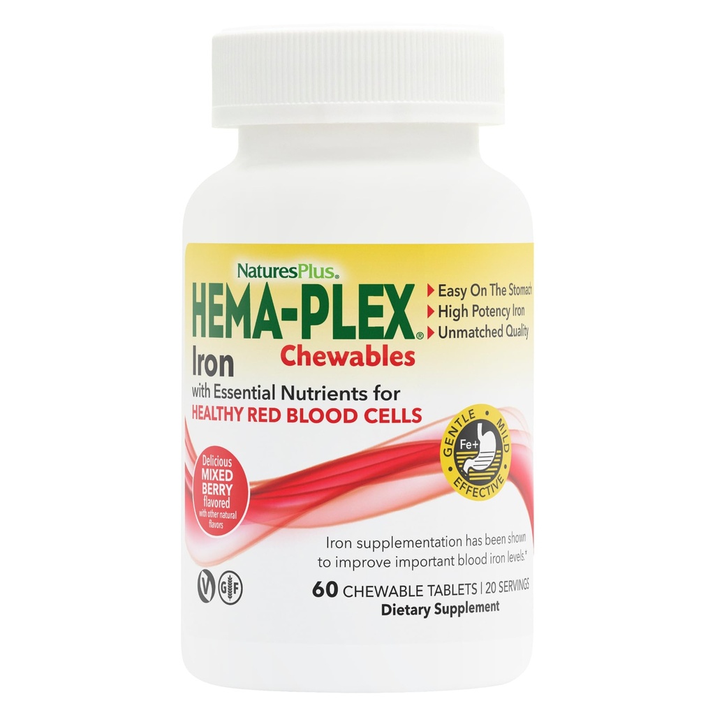 Natures Plus Hema- Plex Iron - 60 Mixed Berry Chewables - 85 mg Elemental Iron - Total Blood Health - with Vitamin C & Bioflavonoids - Vegan, Gluten Free - 20 Služeb