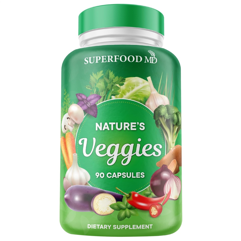 Superfood MD Veggies Dodatek - 90 Veggie Kapsle - Podporuje energetické úrovně, Beta karoten, Vitamíny a minerály - Soy Free - 90 Počet