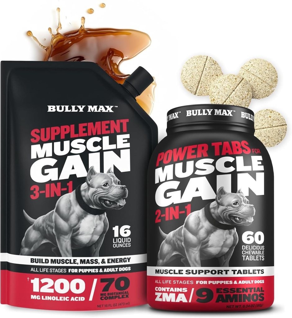 Bully Max 3-in-1 Liquid Dog Muscle Builder and Power Tabs (60 karet) Bundle - High Protein Doplněk & Žvýkací Multivitaminy pro růst svalů, Energie & Recovery ve všech Breeds, Štěňata & Dospělí psi