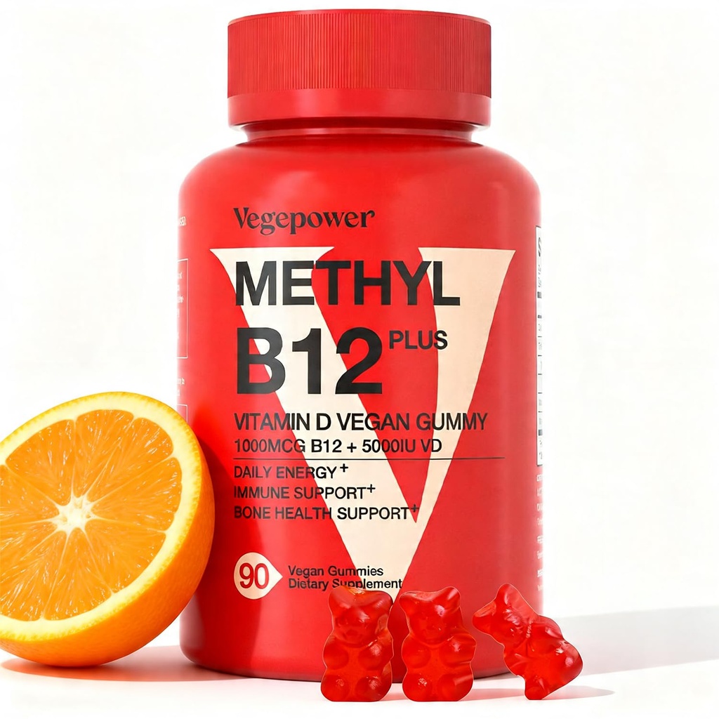 Veganský vitamin D3 & B12 Gummies, Methyl B12 dodatek pro dospělé a děti, Vylepšený vitaminem D 3 pro přírodní energii, imunitní, metabolismus & Focus, Orange, 90 Gummies