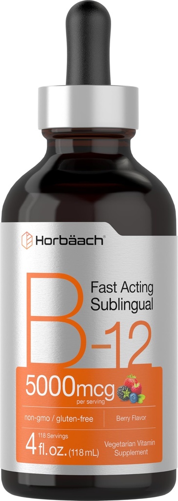 Horbaach B12 Vitamin 5000 mcg Sublingvální 124; 4 Fl Oz Oz CLANE124; jako methylkobalamin a kyanokobalamin CLANE124; kapalné Vegetariánské kapky CLANE124; Berry Flavor CLANE124; Non- GMO & Gluten Volný dodatek