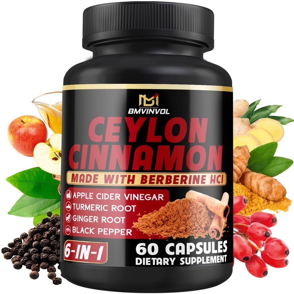 Ceylon Skořice Kapsle s Berberine HCl, jablečný ocet, kurkuma, ženšen, Black Pepper - 6in1 pro podporu imunitní funkce - 60 Počet