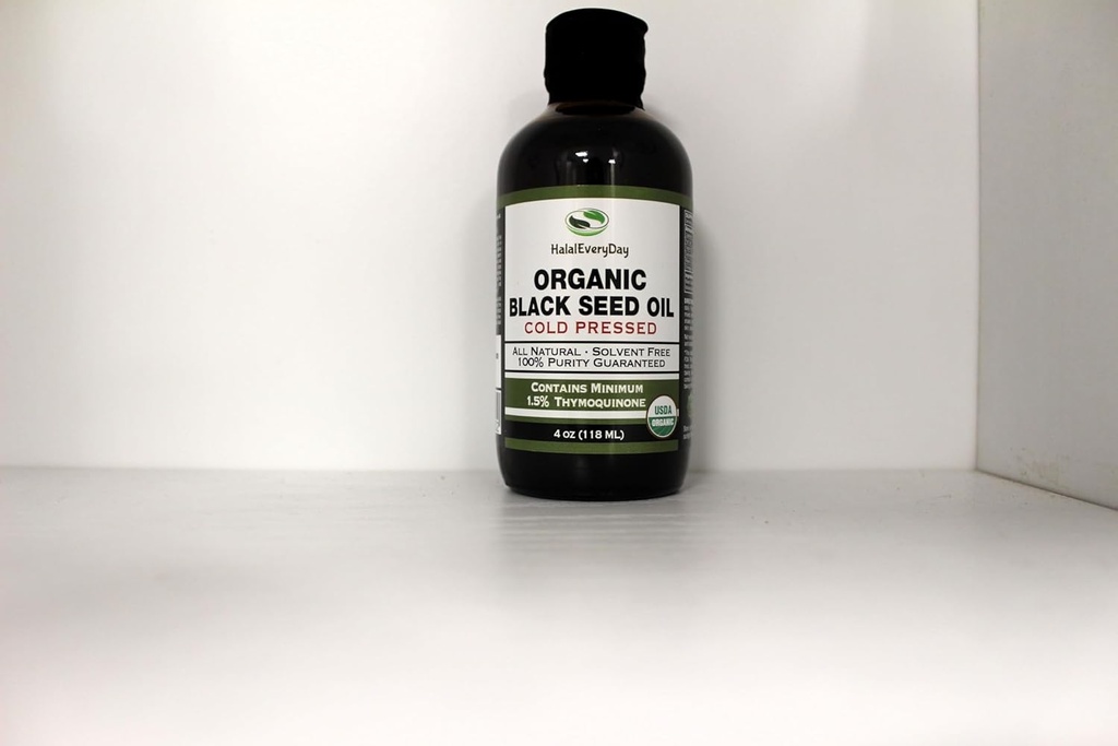 HalalEveryday Organic Black Seed Oil - USDA Certified Cold Pressed Glass Bottle Více než 1,5%
