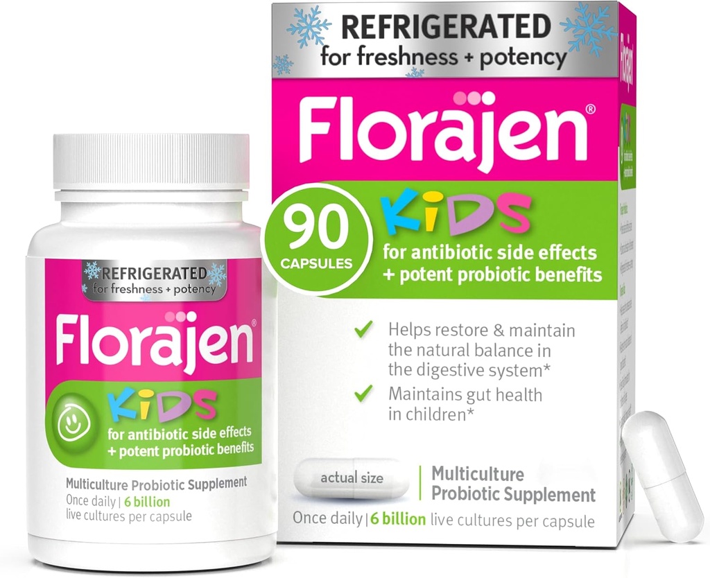 Florajen Kids Probiotic, 6 miliard CFU, Chladicí Probiotika pro děti, Multi Kultura Probiotický dodatek, Zmírňuje příležitostný plyn, Bloating & zácpa, Podporuje Gut zdraví, 30 Ct (3 Pack)