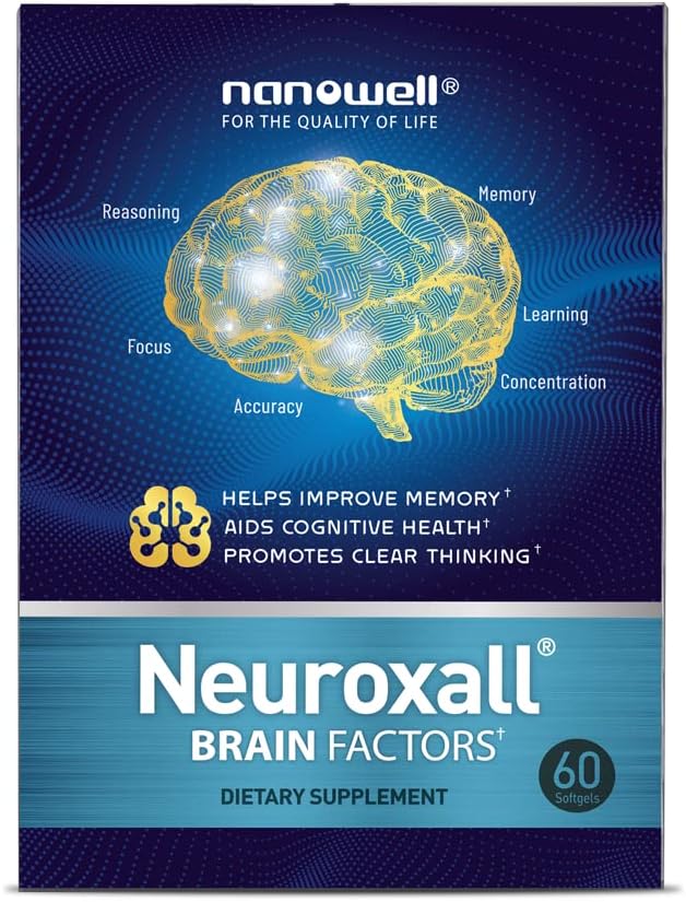NANOWELL Neuroxall Mozek Faktory - Kognitivní podpora s vitaminem B6, Astaxanthin, Ginkgo Biloba Extract & Fosfatidylserine - Zvyšuje zdraví mozku, paměť a zaměření - 60 Softgels