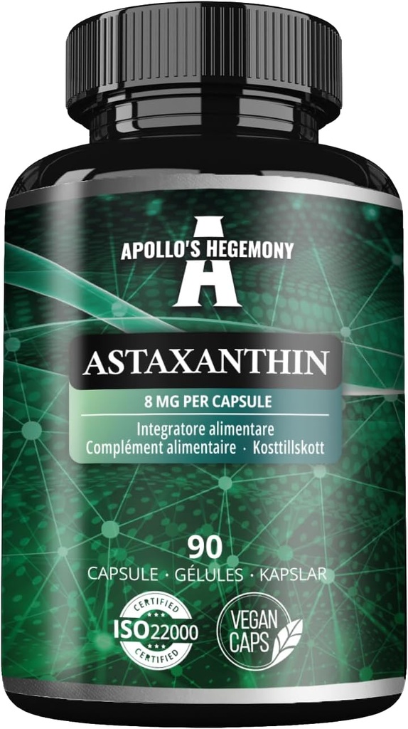 APOLLO 'S HEGEMONY Astaxanthin 8 mg od mikrořas Haematococcus pluvialis - 90 Vegan Kapsle - 3 měsíce Dodávka - Výkonný antioxidant - dodatek stravy