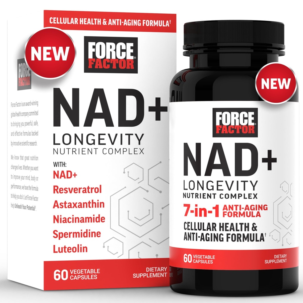 FORCE FACTOR NAD + (NMN nebo Nicotinamid Riboside Alternative) s Resveratrol, Astaxanthin, Spermidin & Luteolin komplex, NAD na podporu buněčného zdraví a zdravé stárnutí, 60 Kapsle