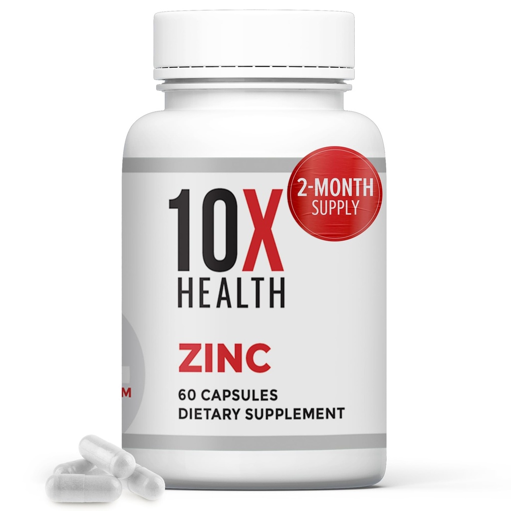 10X Zdraví zinkové doplňky - Obsahuje zinek 30mg pro DNA & protein Syntézu, Celková Wellness & Imunitní Supplement - Vysoce absorbovatelné vitaminy (60 Kapsle)