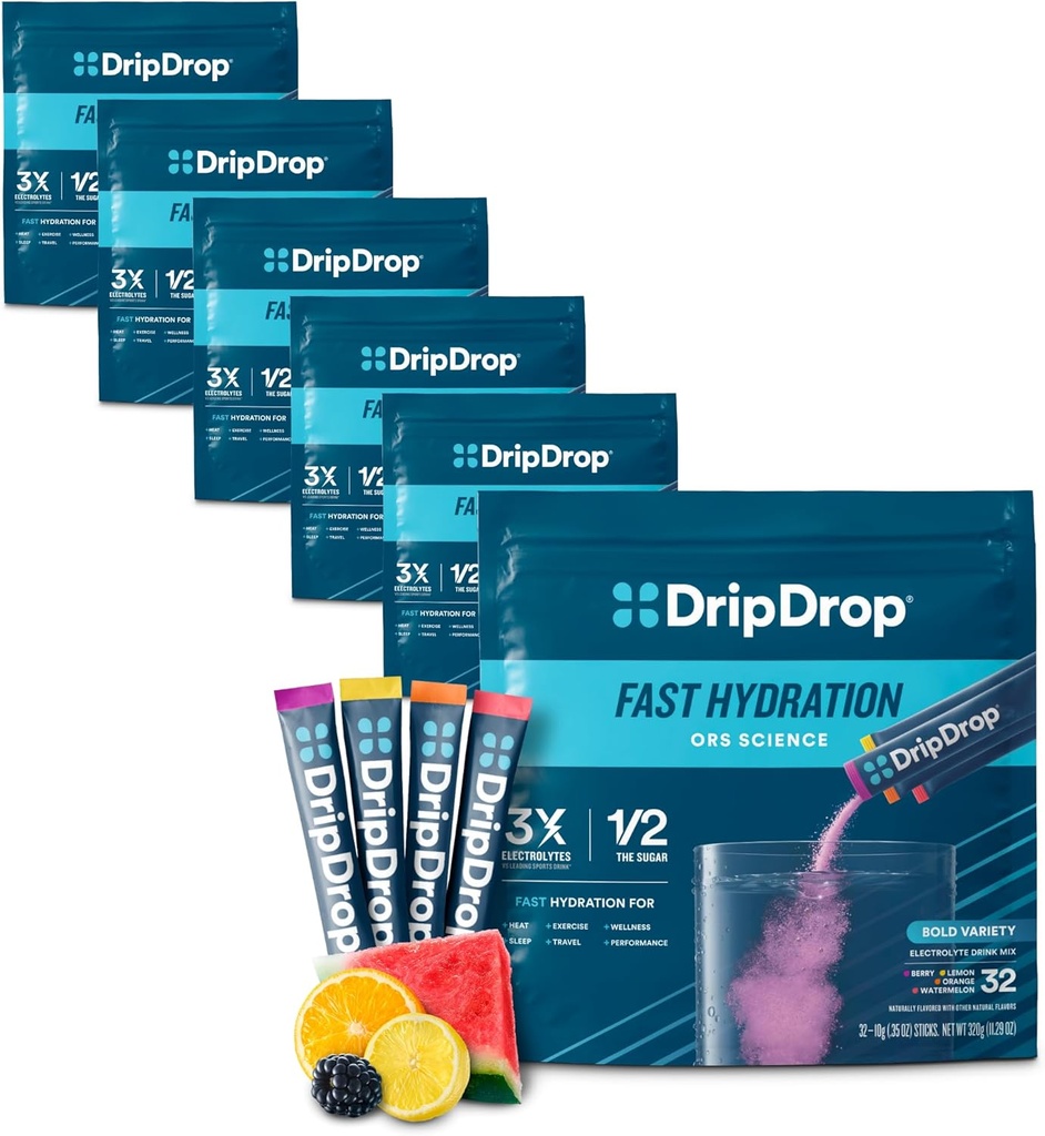 DripDrop Hydration Packets - Bold Variety Pack - Single Serve Electrolytes Powder Drink Mix - Meloun, Berry, Lemon, Orange - Non- GMO, Gluten Free, Vegan - 192 Sticks