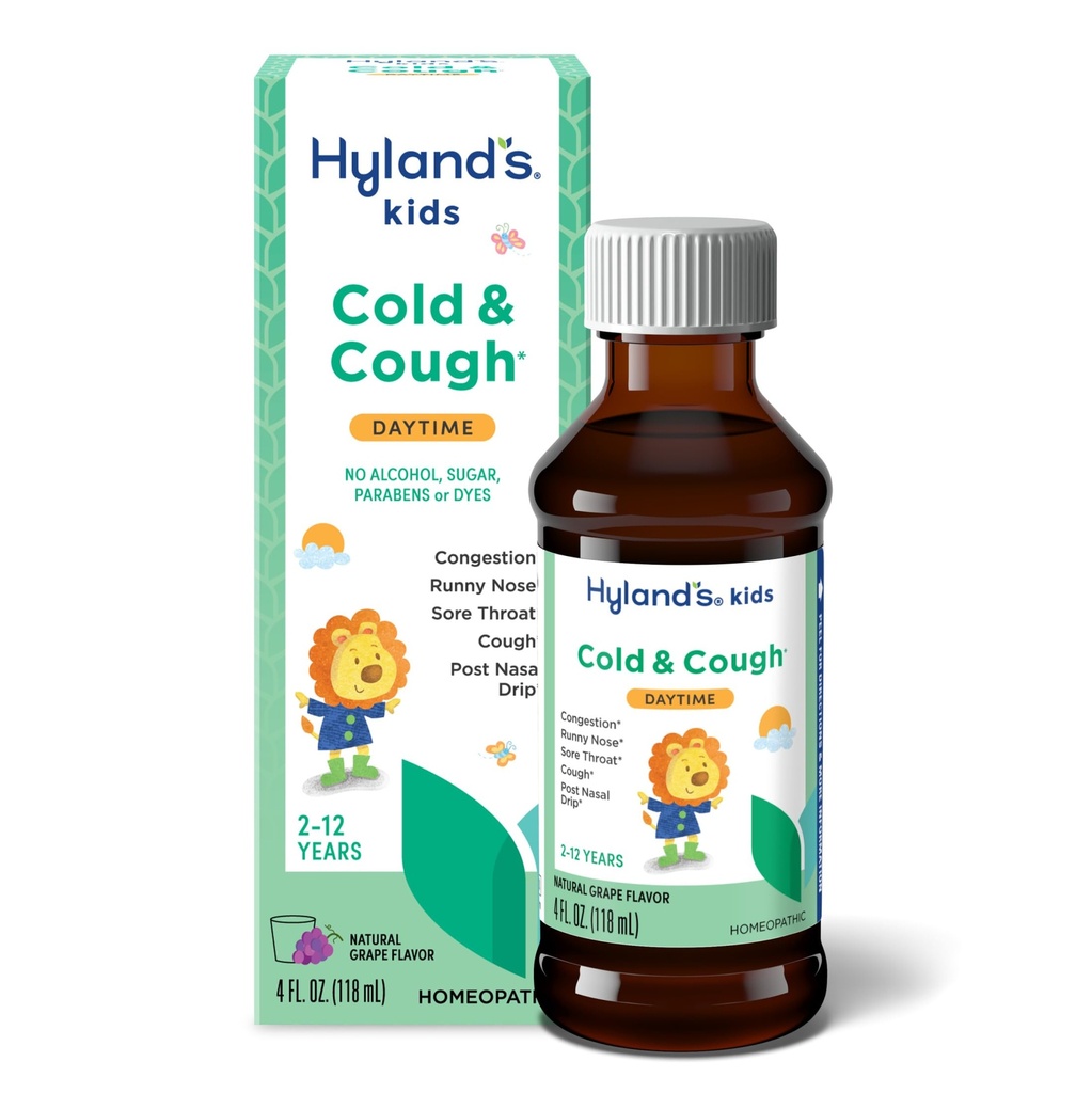 Hyland děti studená a kašel, Daytime Grape Flavor Kašel Syrup Medicine pro děti věku 2 a více, Decongestant, Sore Throat Relief, Přírodní léčba pro běžné studené příznaky, 4 Fl Oz