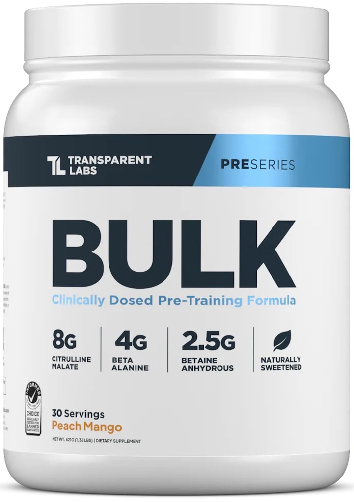 Transparentní Labs Bulk Pre Workout Powder - Přirozeně slazené Advanced Pre- Workout Formule pro budování svalů a sílu - 30 Služeb, Peach Mango