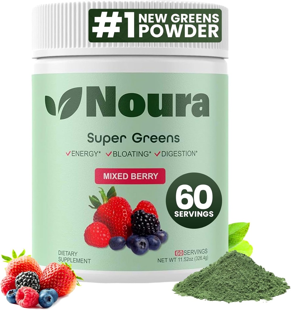 Super Green Powder, 60 Služeb - imunita, trávicí enzymy a probiotika pro energii, Gut Health, Bloating Relief for Women - Green Superfood Powder - Mixed Berry