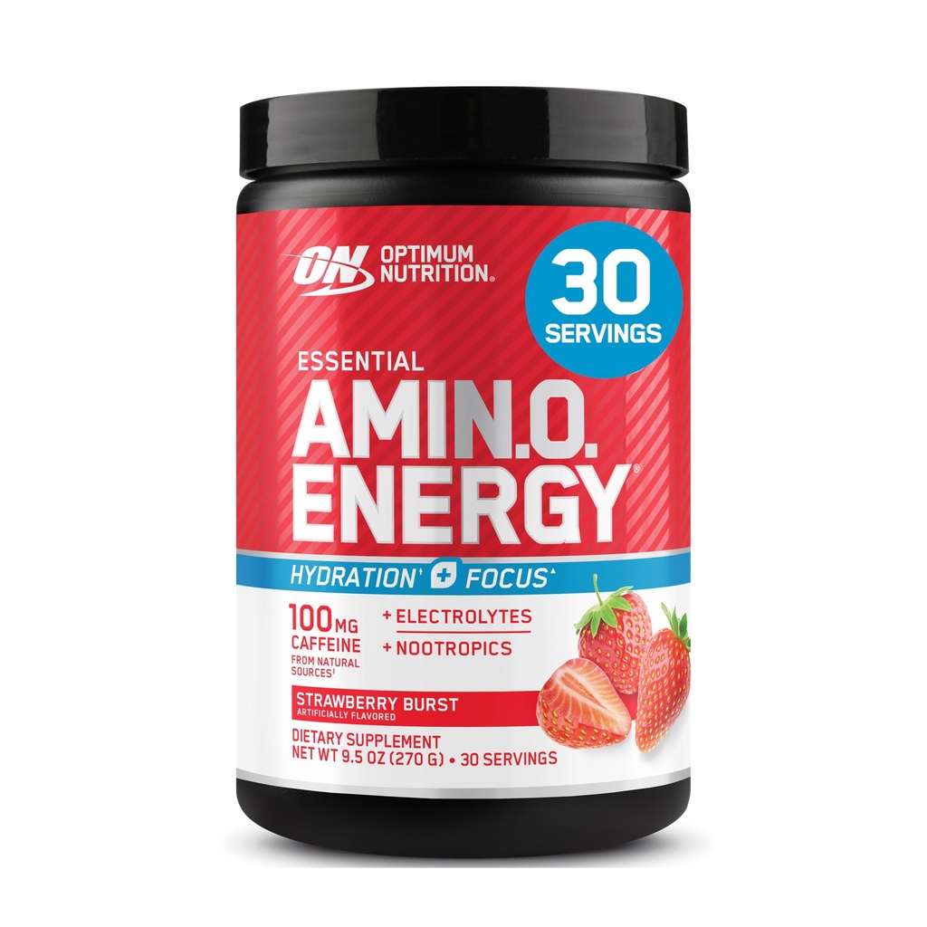 Optimum Nutrition Amino Energy Powder Plus Focus, s BCAA, Electrolytes, a kofein, Juicy Strawberry, 30 Doručování (Balení květen Vary)