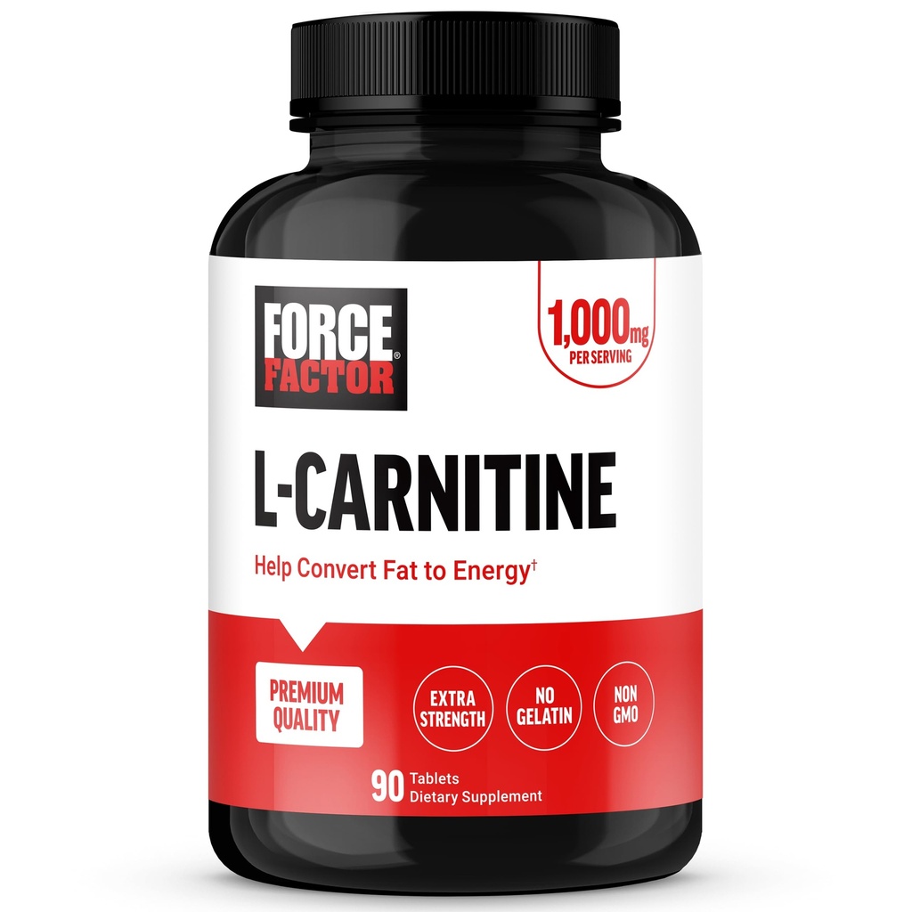 FORCE FACTOR L- karnitin dodatek, L karnitin tartarát 1000mg Kapsle převést tuk do energie, podpora svalové obnovy, a posílení výkonu cvičení, Vegan, Non- GMO, 90 Tablety