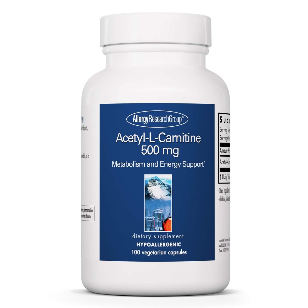 Alergie Výzkumná skupina Acetyl- L- Carnitin 500mg Dodatek - Metabolismus a podpora energie, ALC, Bezplatná forma Aminová kyselina, Vegetariánské kapsle - 100 Počet