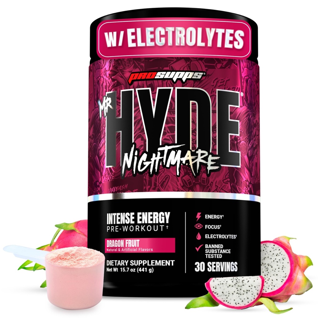 PROFUPS Mr. Hyde Nightmare Pre Workout Powder with Caffeine & Beta Alanine - Předcvičení pro intenzivní energii, duševní soustředění a výkon - Těstoviny a fitness doplňky (Dragon Fruit, 30 Služeb)