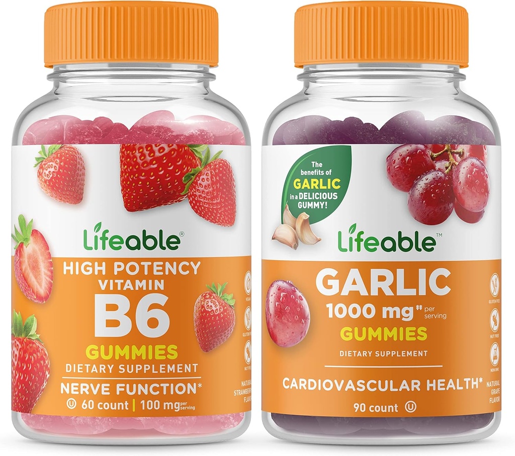 Živý vitamin B6 + Česnek 1000mg, Gummies Bundle - Velký ochutnávka, vitamin dodatek, gluten zdarma, GMO zdarma, Žvýkací