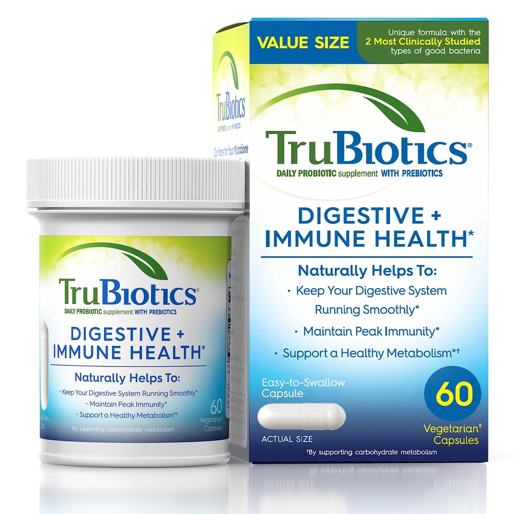 TruBiotics Probiotika pro stravitelné a imunitní zdraví, Podporuje Regularitu a pomáhá zmírnit abdominální diskomfort, plyn a nafouknutí, 2 Klinicky studoval Probiotické Strany, Plus Prebiotika, 60 Kapsle