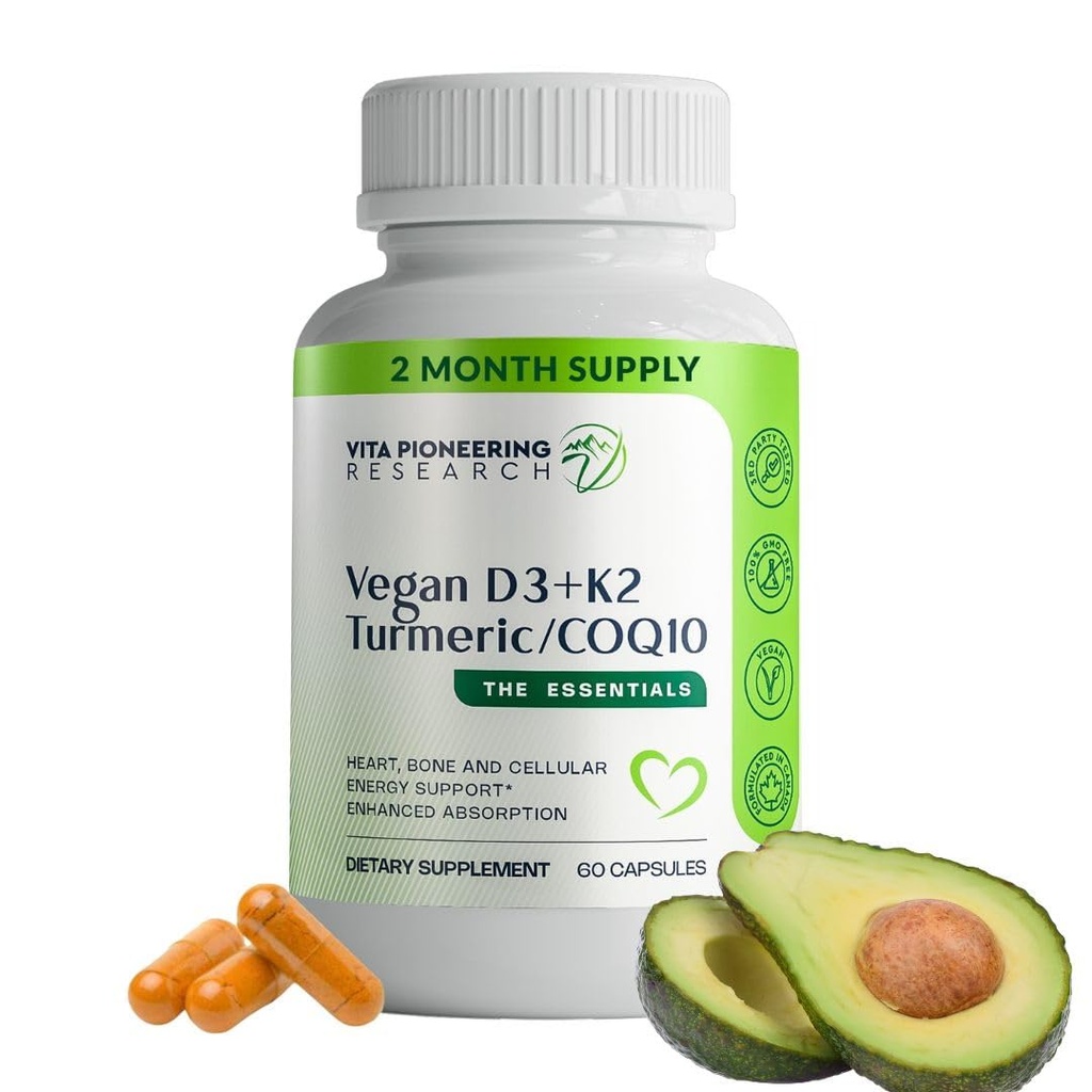 5- in-1 Vitamin D3 2000IU + K2Vital Vitamin K2 s kurkumou a COQ10 - s Avocado Powder for Enhanced Absorpce - Heart, Bone, Cellular Health Support