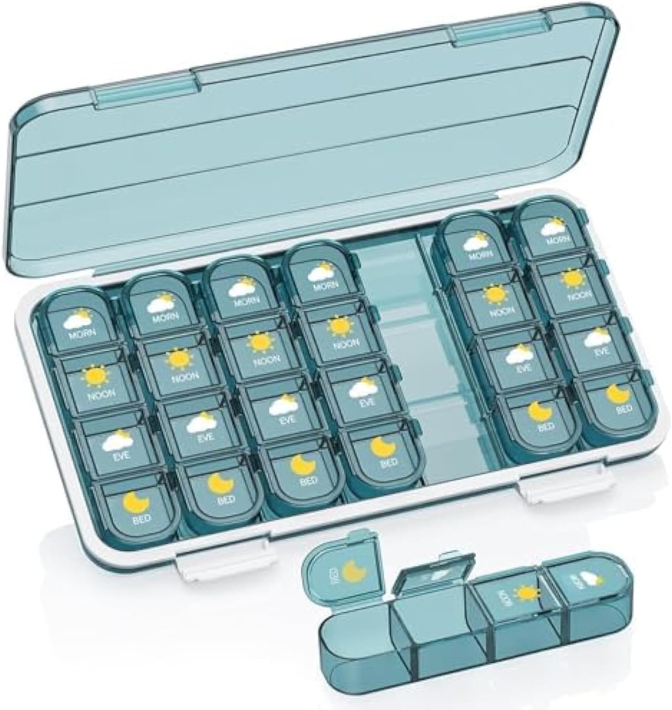 Pill Organizátor 4 krát denně, Pill Box 4 Times A Day 7 Day - Acedada Weekly Medicine Box Pořadatel s odděleným pouzdrem, Přenosný denní zásobník pro vitamíny, rybí oleje, doplňky, modrá